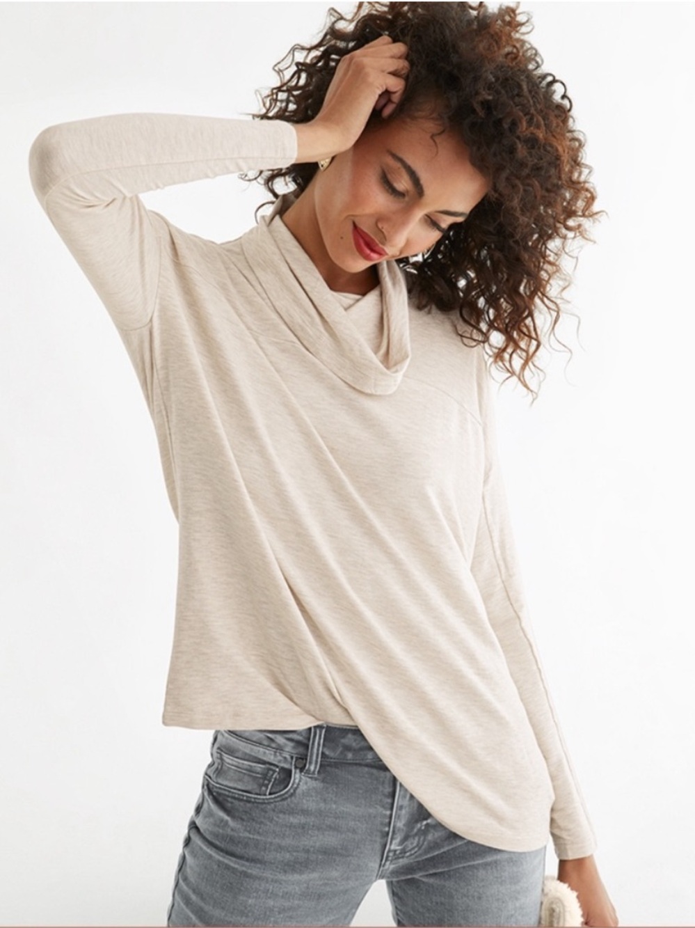 Cabi Sawyer Cowl Neck Top in Oatmeal. Size: XS